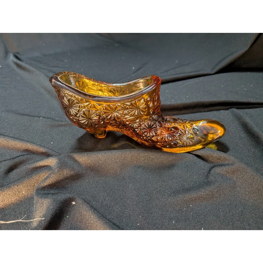 Vintage Amber Pressed Glass Shoe Starburst Pattern L.E. Smith Style –Collectible